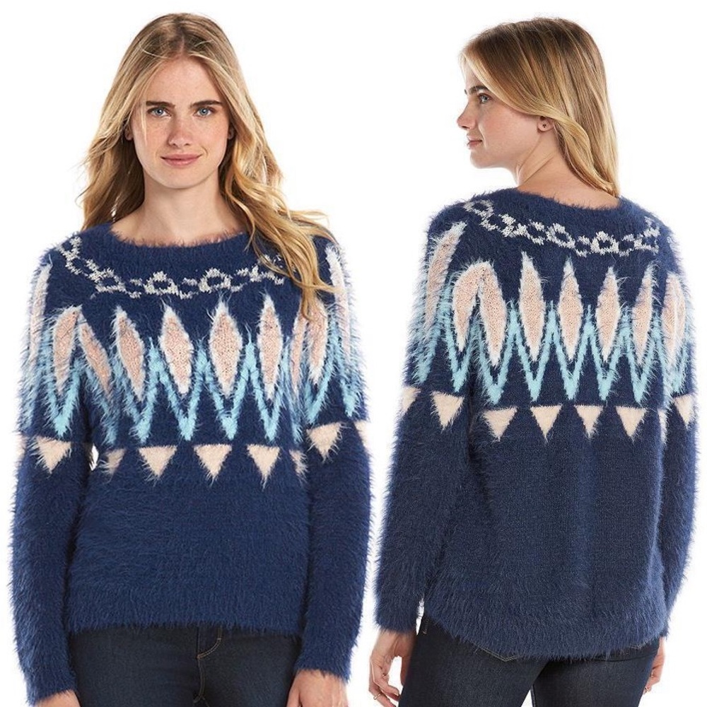 Faire Isle Fuzzy Thick Knit Eyelash Boatneck Sweater Size Xsmall